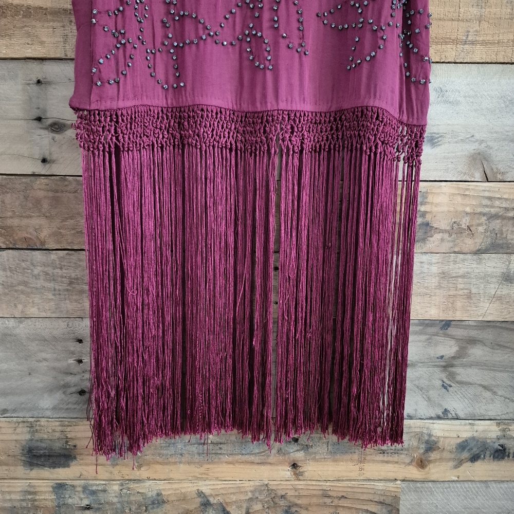 FREE PEOPLE Midnight Party Flapper Fringe Tunic Top Dress S Burgundy Boho Indie - Picture 7 of 16